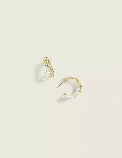 Pave & Pearl Crossover Hoop Earrings