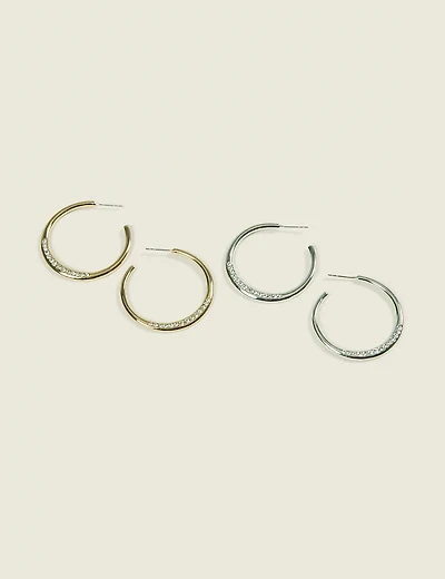 2-Pack Mixed Metal Pave Open Hoop Earring