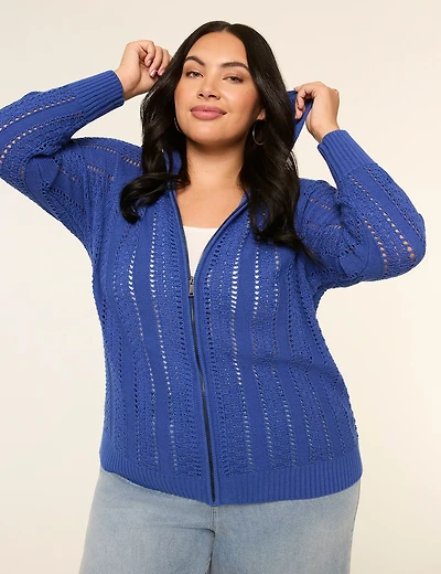 Zip-Front Pointelle-Stitch Sweater