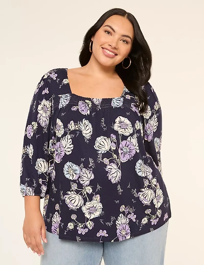 3/4 Blouson-Sleeve Smocked Square-Neck Blouse