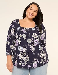 3/4 Blouson-Sleeve Smocked Square-Neck Blouse