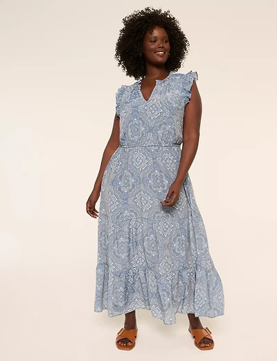 Flutter-Sleeve V-Neck Maxi Dress