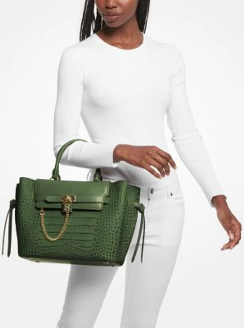 Hamilton Legacy Large Crocodile Embossed Leather Belted Satchel