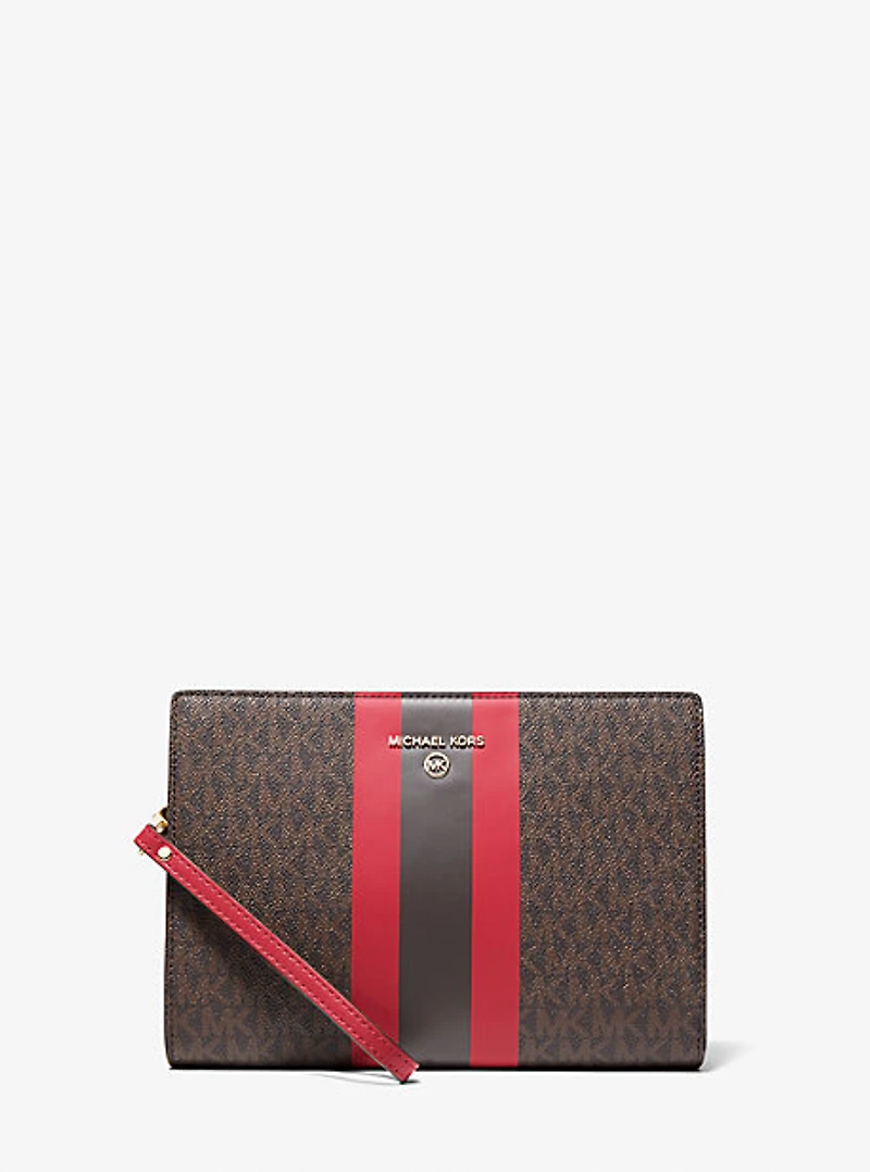 Pochette de taille moyenne à rayures à logo et à fermeture éclair