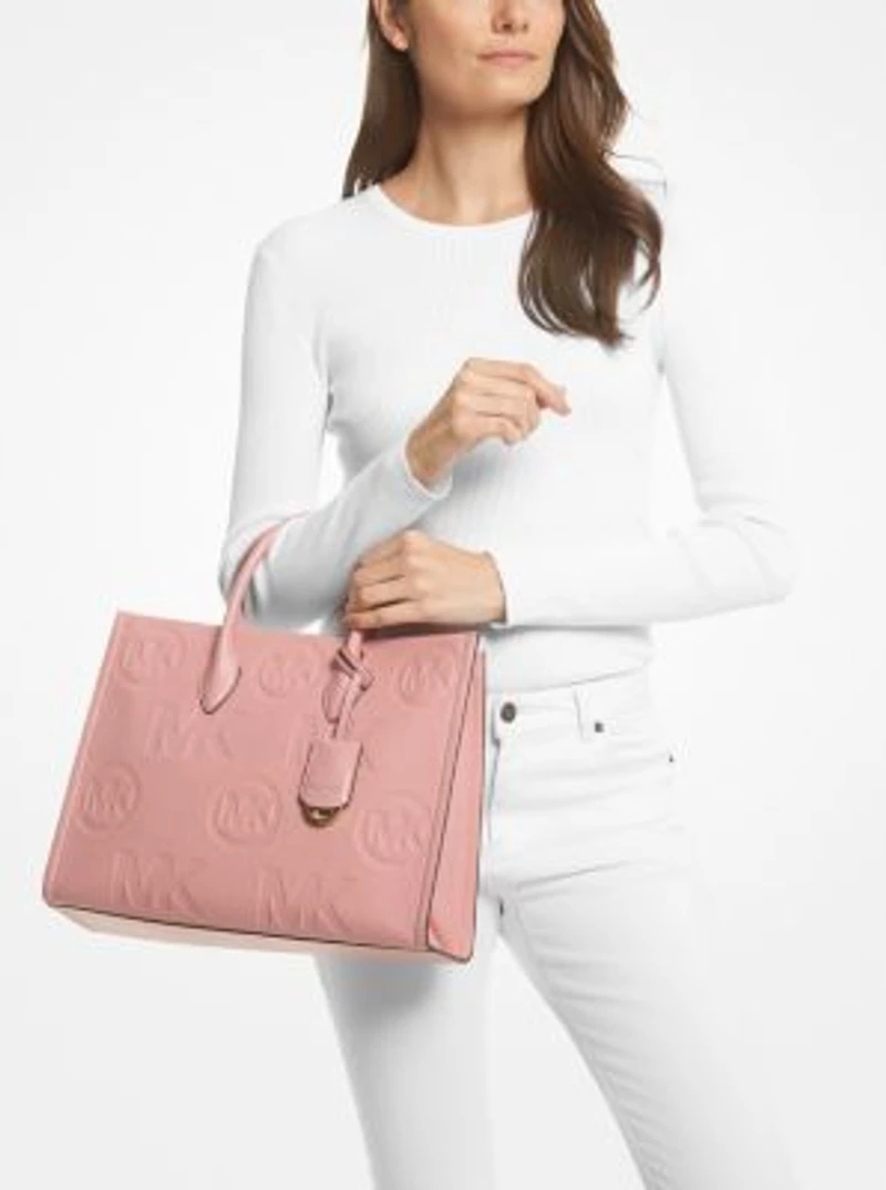 Mirella Medium Logo Embossed Pebbled Leather Tote Bag
