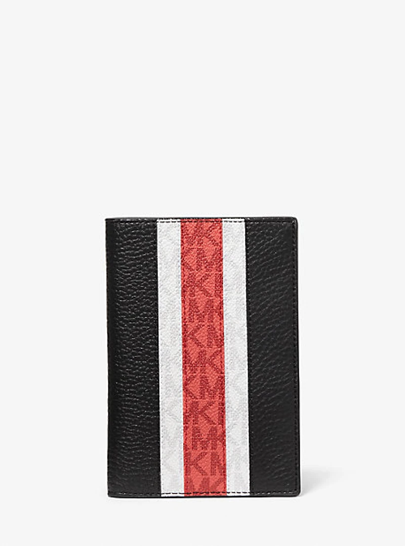 Ensemble-cadeau portefeuille pour passeport et porte-adresse en cuir grainé et à rayures à logo