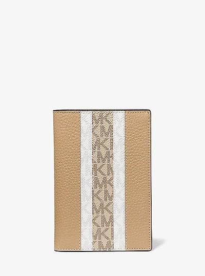 Ensemble-cadeau portefeuille pour passeport et porte-adresse en cuir grainé à rayures logo