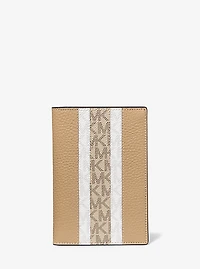 Ensemble-cadeau portefeuille pour passeport et porte-adresse en cuir grainé à rayures logo