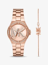 Lennox Pavé Logo Rose Gold-Tone Watch and Bracelet Set