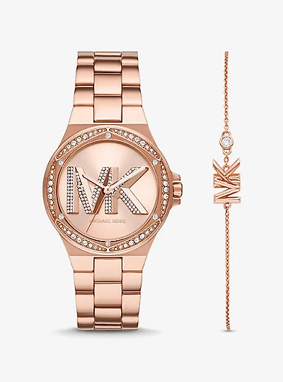 Lennox Pavé Logo Rose Gold-Tone Watch and Bracelet Set