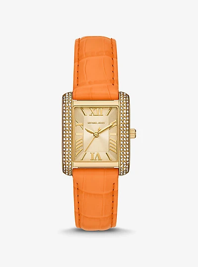 Emery Pavé Gold-Tone and Crocodile Embossed Leather Watch