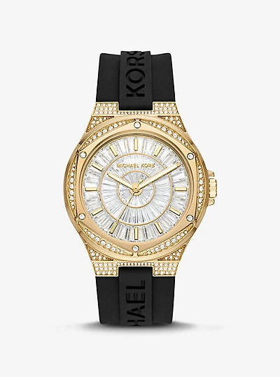 Oversized Lennox Pavé Gold-Tone and Silicone Watch