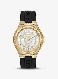 Montre Lennox surdimensionnée dorée à pavé et à bracelet en silicone