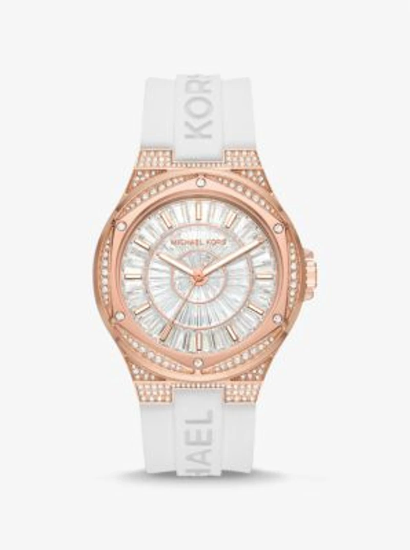 Montre Lennox surdimensionnée de ton or rose à pavé et à bracelet en silicone