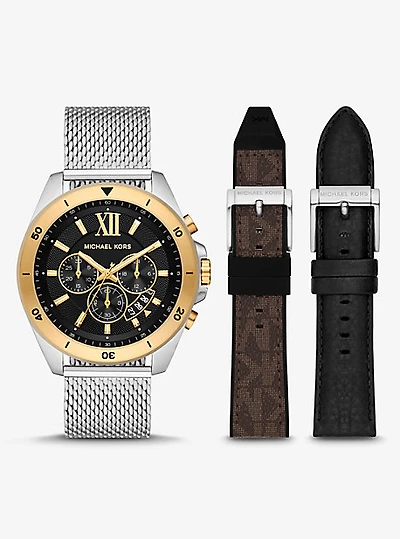 Ensemble-cadeau montre Brecken surdimensionnée à deux tons et à bracelet en maille