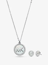 Sterling Silver Pavé Mother-of-Pearl Logo Necklace and Stud Earrings Set