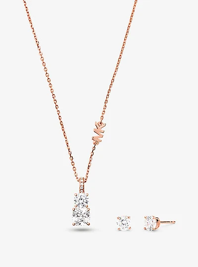 Precious Metal-Plated Sterling Silver Stone Necklace and Stud Earrings Set