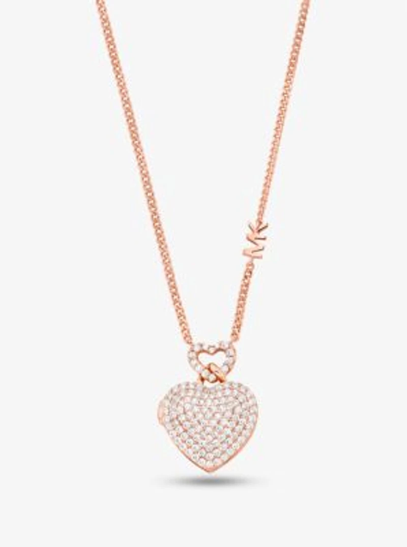 Collier en argent sterling à placage en métal précieux à médaillon en forme de cœur à pavé