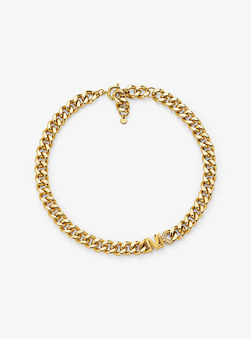 Collier en laiton à placage en or 14K à maillons gourmette à pavé et à logo