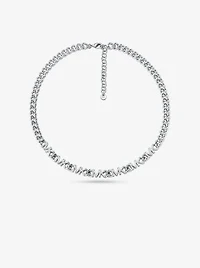 Platinum-Plated Brass Pavé Logo Chain Necklace