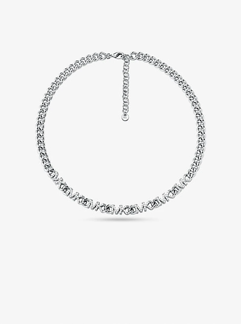 Platinum-Plated Brass Pavé Logo Chain Necklace