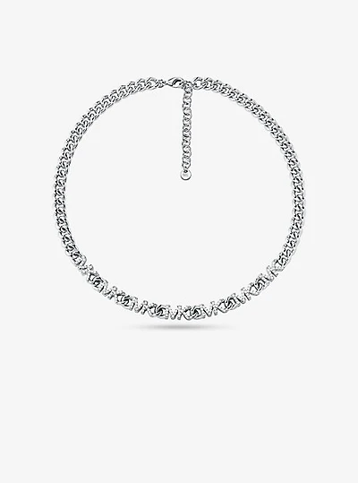 Platinum-Plated Brass Pavé Logo Chain Necklace
