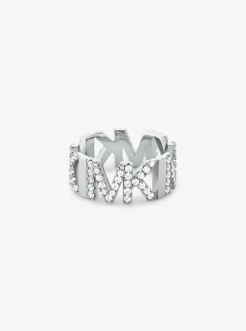 Bague en laiton à placage platine maillons logo et pavé