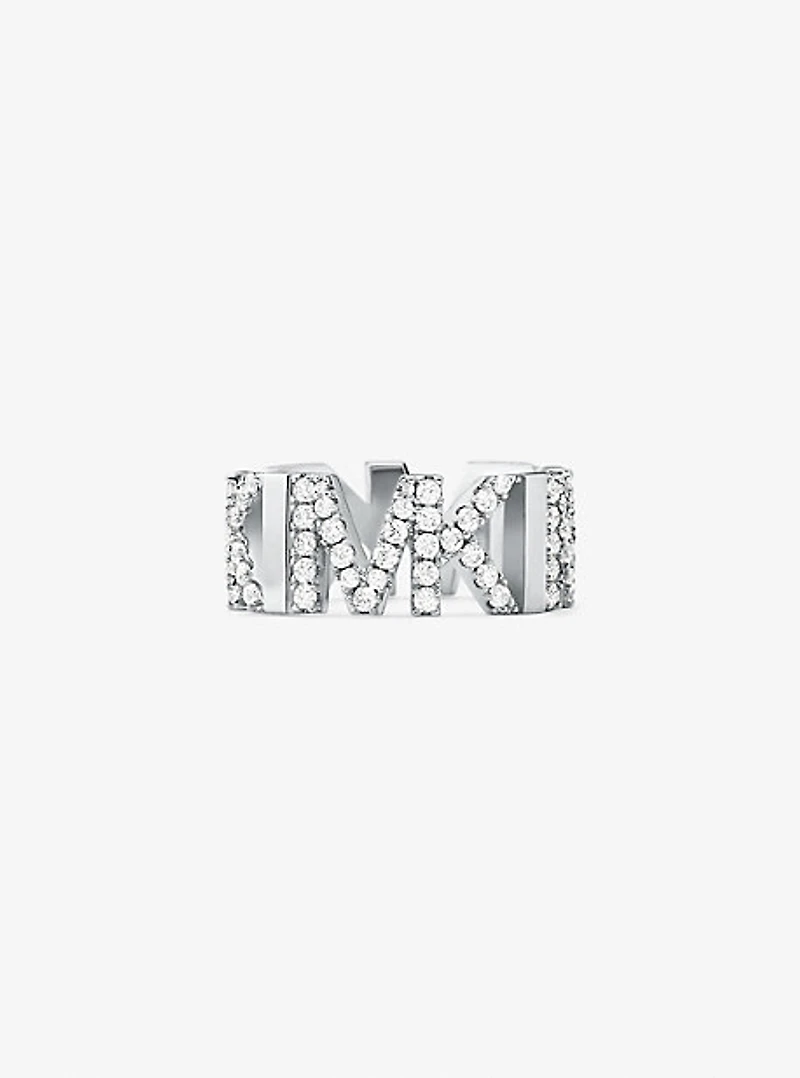 Bague en laiton à placage platine maillons logo et pavé