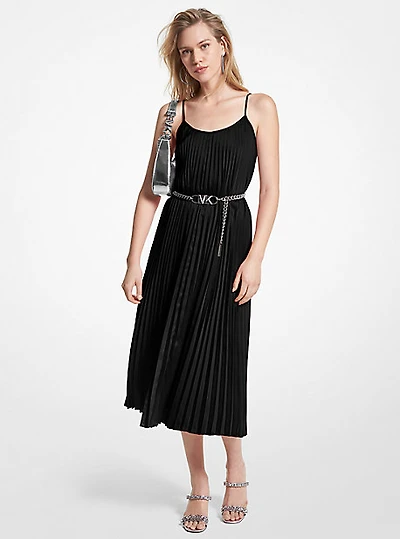 Pleated Satin Belted Slip Dress