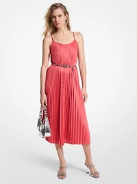 Pleated Satin Belted Slip Dress