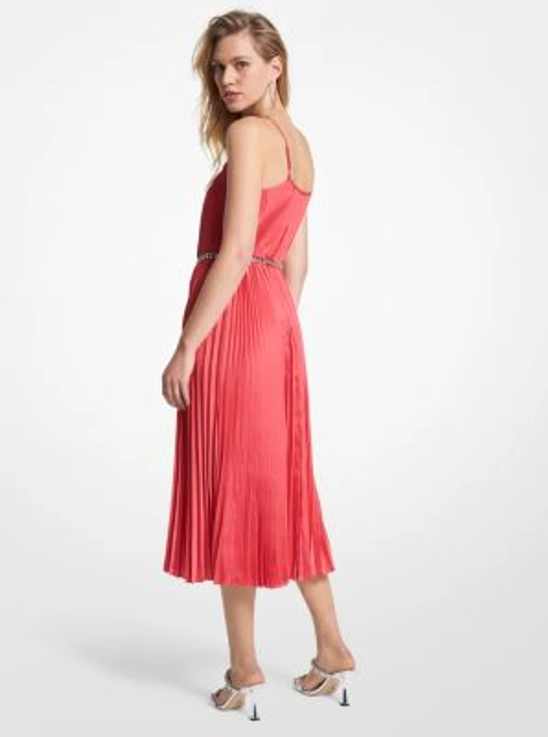 Pleated Satin Belted Slip Dress