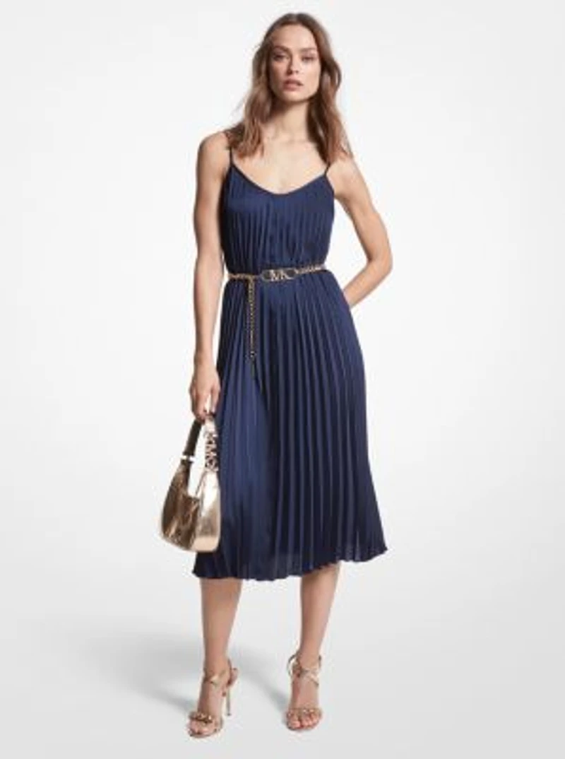 Pleated Satin Belted Slip Dress