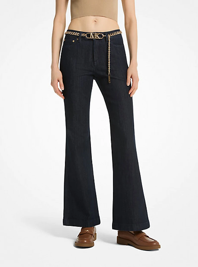 Stretch Denim Belted Flared Jeans