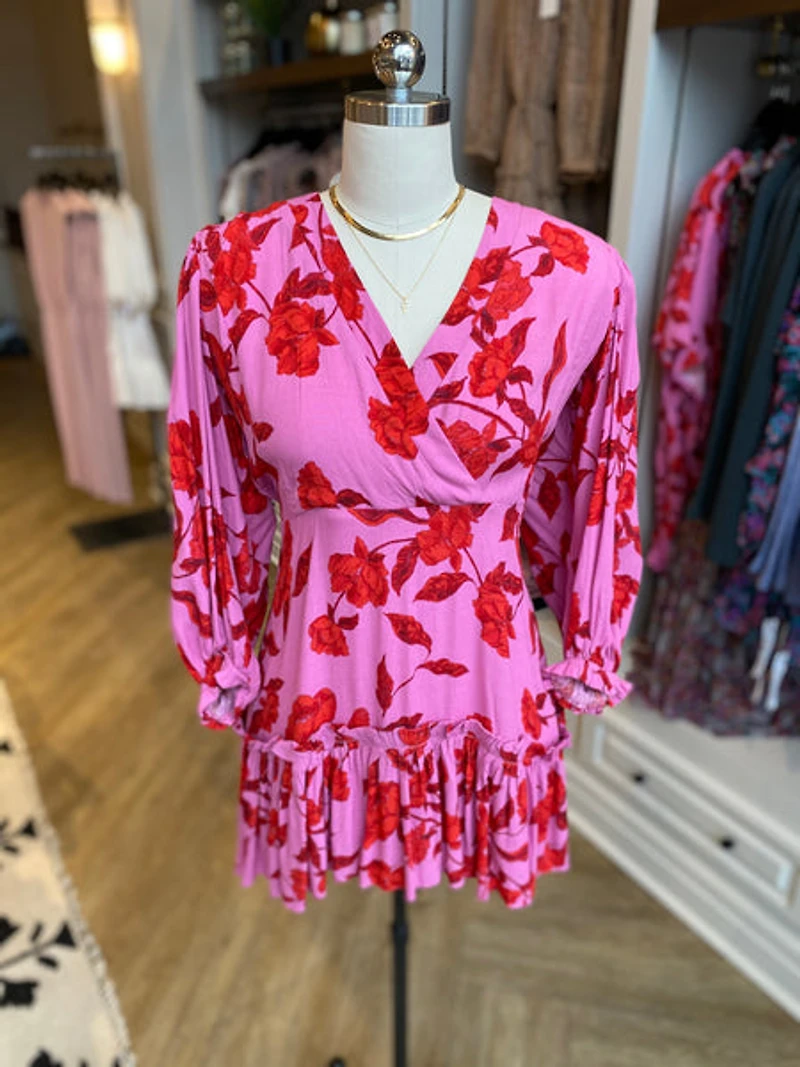 floral wrap front puff slv dress