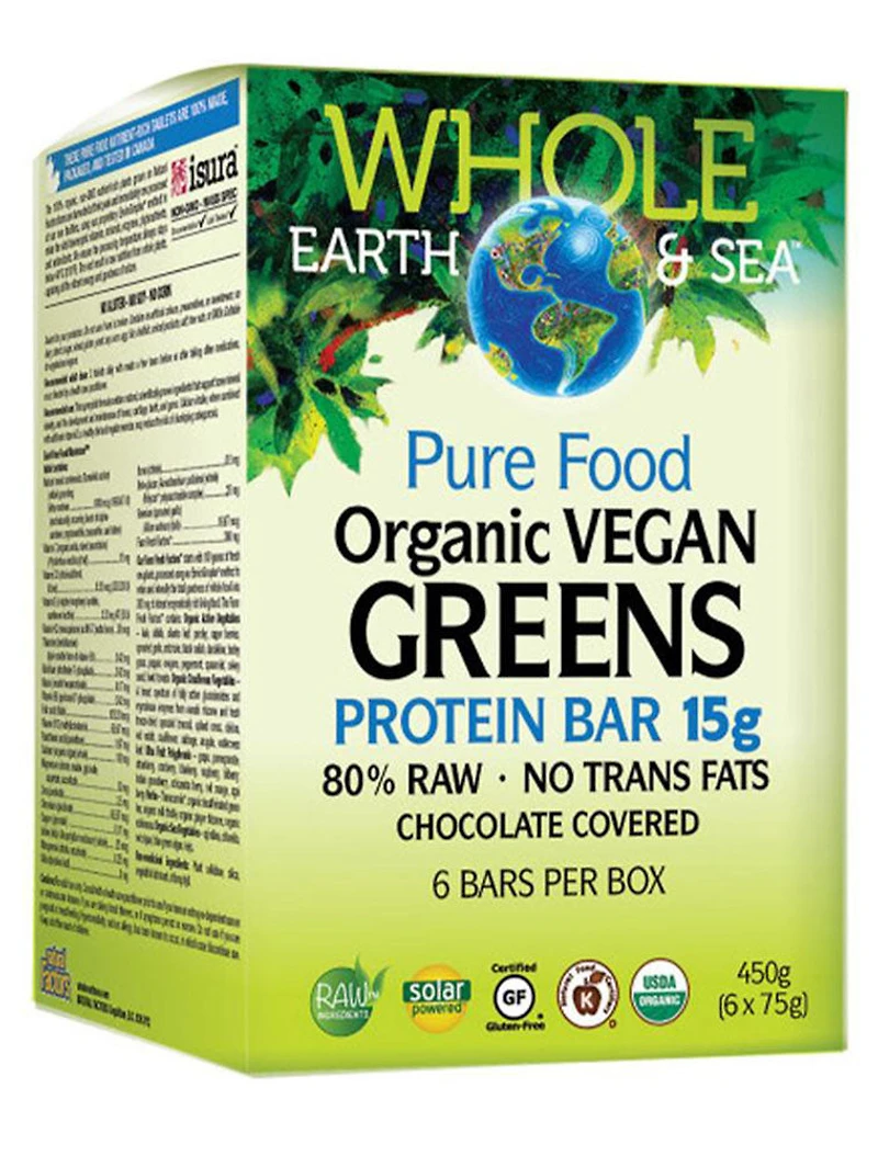 WHOLE EARTH & SEA Organic Vegan Greens Protein Bar (Chocolate - 6 Bars)