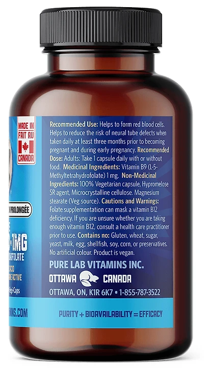 PURE LAB VITAMINS Bioactive Folic Acid (L-5-MTHF) Slow Release (60 veg caps)