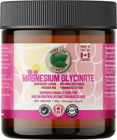 PURE LAB VITAMINS Magnesium Glycinate Raspberry Lemon Powder Mix 200 mg