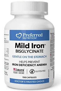 PREFERRED NUTRITION Mild Iron Bisglycinate (28 mg - 150 veg caps)