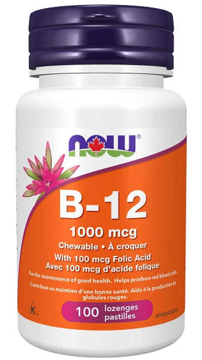 NOW Vitamin B12 1000mcg + Folic Acic (100 Lozenges)