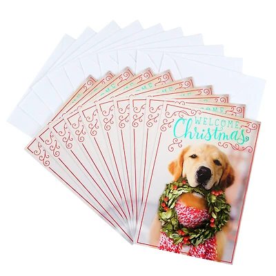 Christmas Cards Pack, Puppy with Wreath (10 Cards with Envelopes)