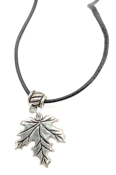 Maple Leaf Pendant Black Leather Cord Necklace