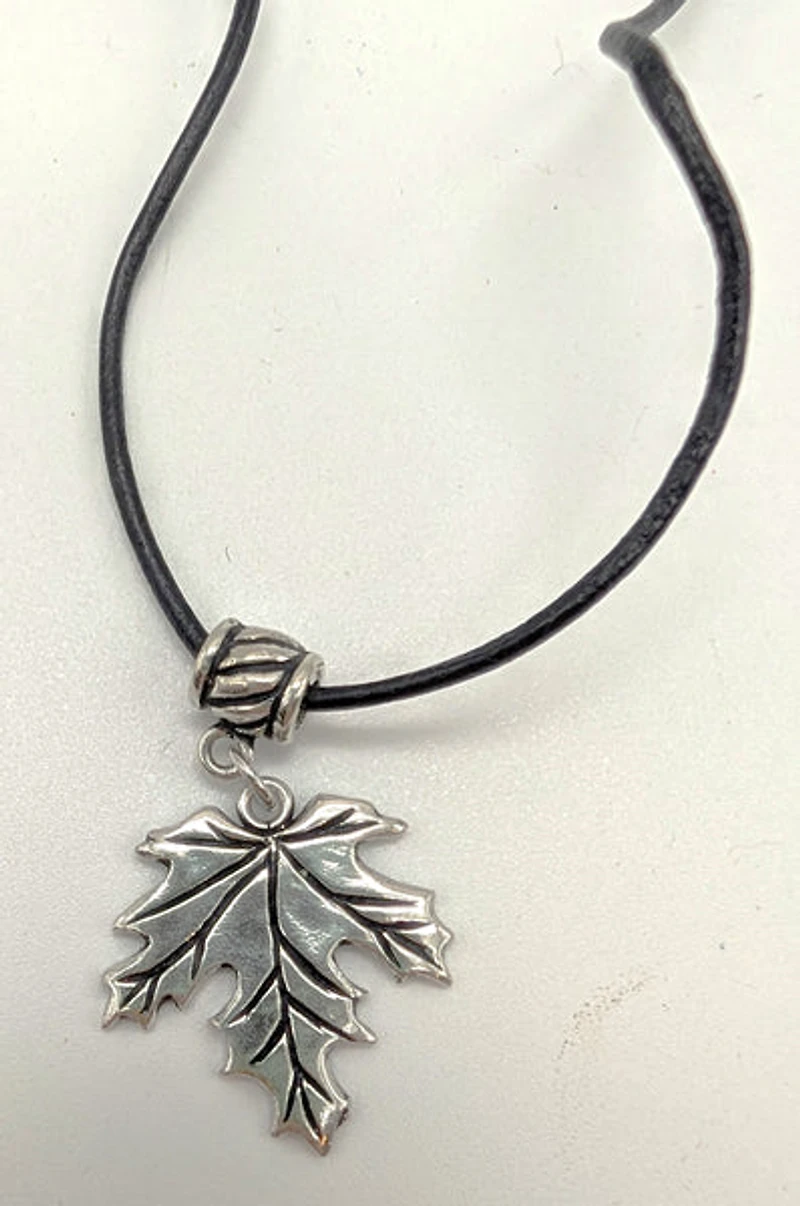 Maple Leaf Pendant Black Leather Cord Necklace