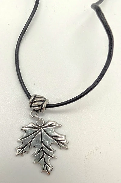 Maple Leaf Pendant Black Leather Cord Necklace