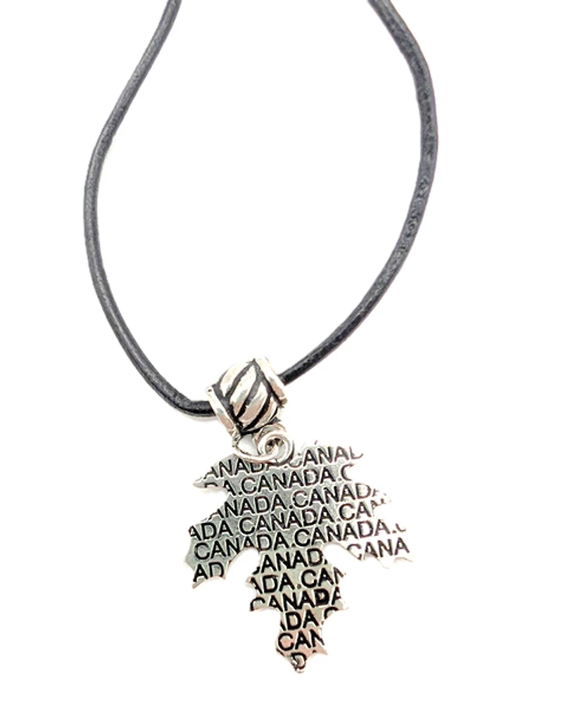 Maple Leaf Pendant Black Leather Cord Necklace