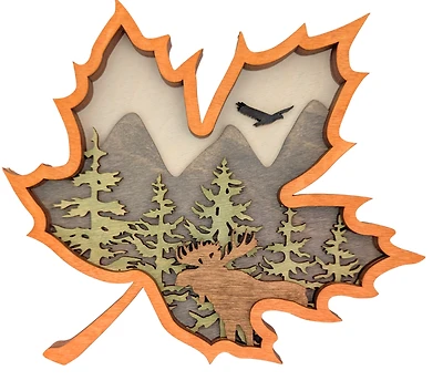 Maple Leaf Shaped Wood Art Forest Scene