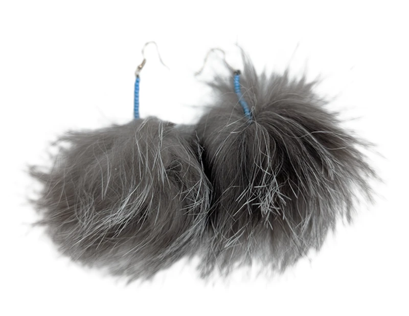 Beaded Sealskin Pom Pom Earrings