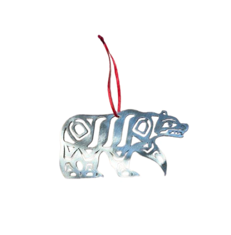 Brushed Steel First Nations Bear Ornament