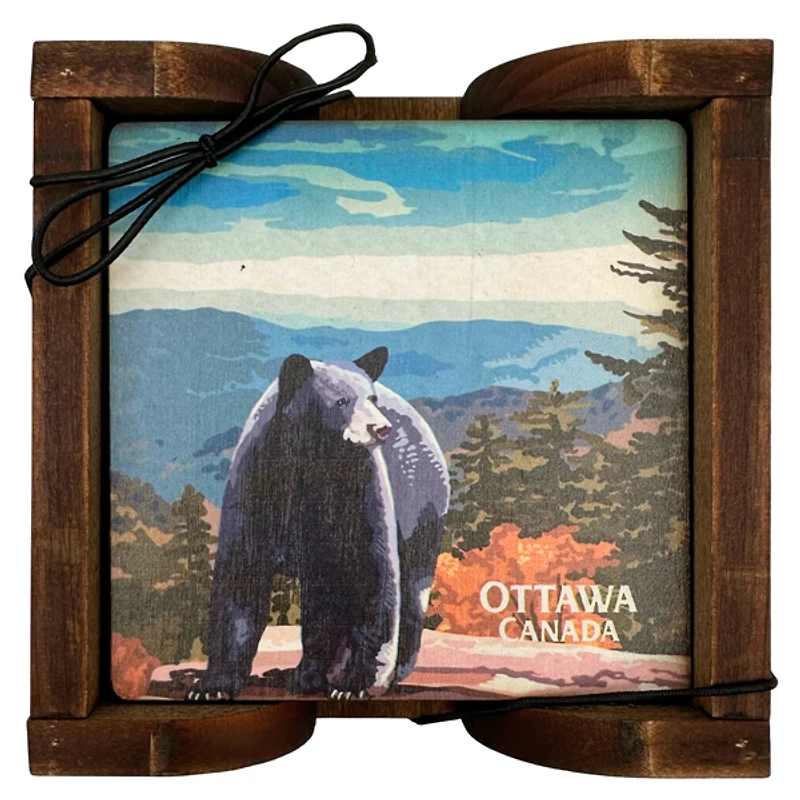 Ottawa Canada Bear Coaster Set with Wood Holder
