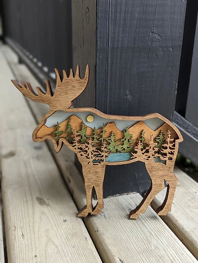 Moose Shaped Wood Art Mountain Scene
