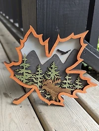 Maple Leaf Shaped Wood Art Forest Scene